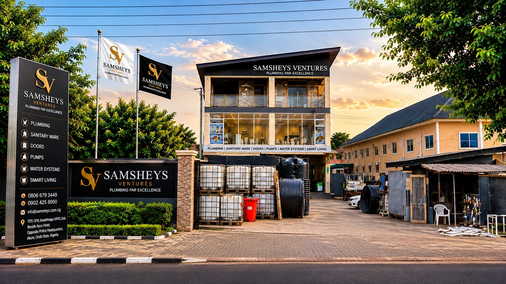 Original SAMSHEYS VENTURES showroom frontage in Akure with the front shop and water containers visible